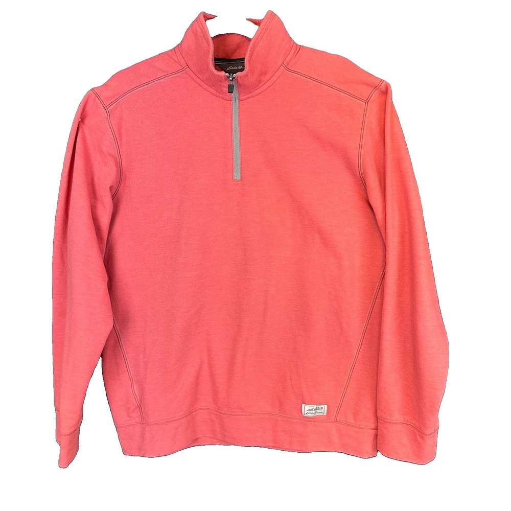 Eddie Bauer Mens M Pink 1/4 Zip Mock Neck Knit Sweatshirt Logo Cotton Blend